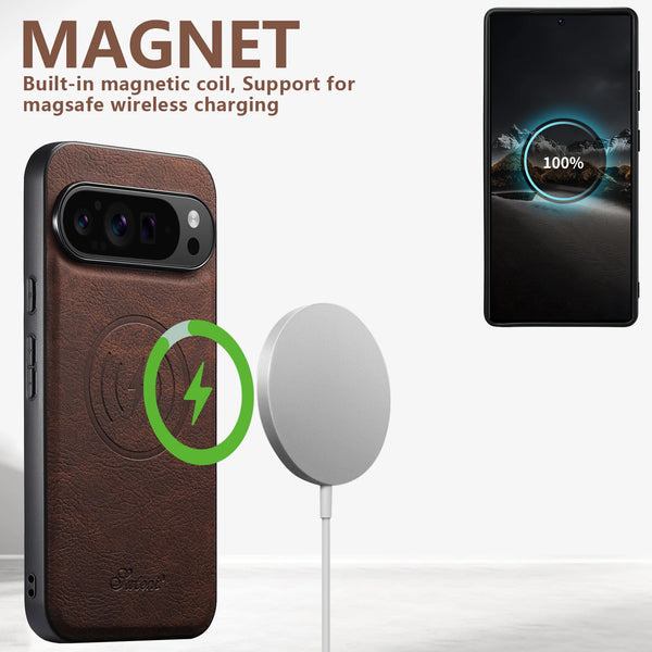 SUTENI Luxury Faux Leather Phone Case Magnet Wireless Charging Frosted Feel For Google Pixel 10 Pro XL 9 8A 7 6