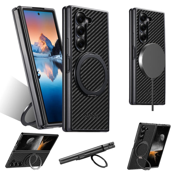 SUTENI Mobile Phone Case Magnet Wireless Charging 360° Rotating Stand Faux Leather Ring Buckle For Samsung Galaxy Z Fold 7 6 5