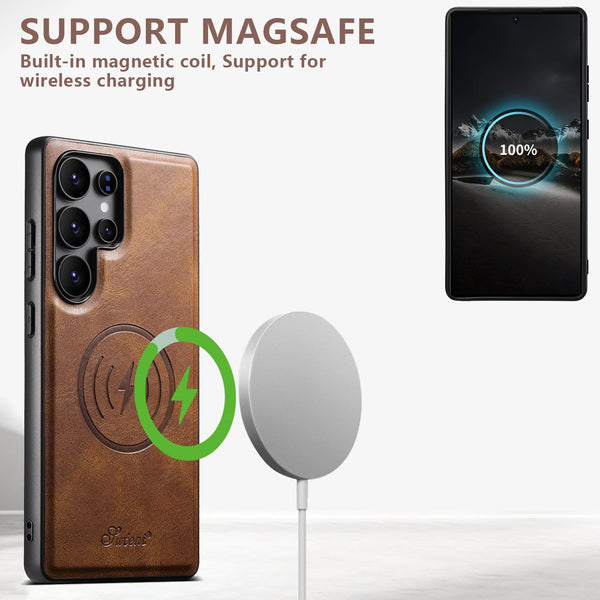 SUTENI Luxury Faux Leather Oil Wax Phone Case Magnet Wireless Charging For Samsung Galaxy S26 Ultra S25 Plus S24 S23 S22 Note20