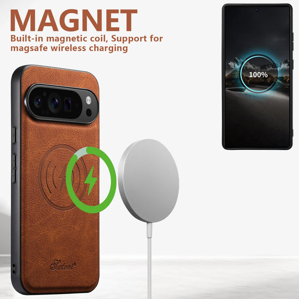 SUTENI Luxury Faux Leather Phone Case Magnet Wireless Charging Frosted Feel For Google Pixel 10 Pro XL 9 8A 7 6