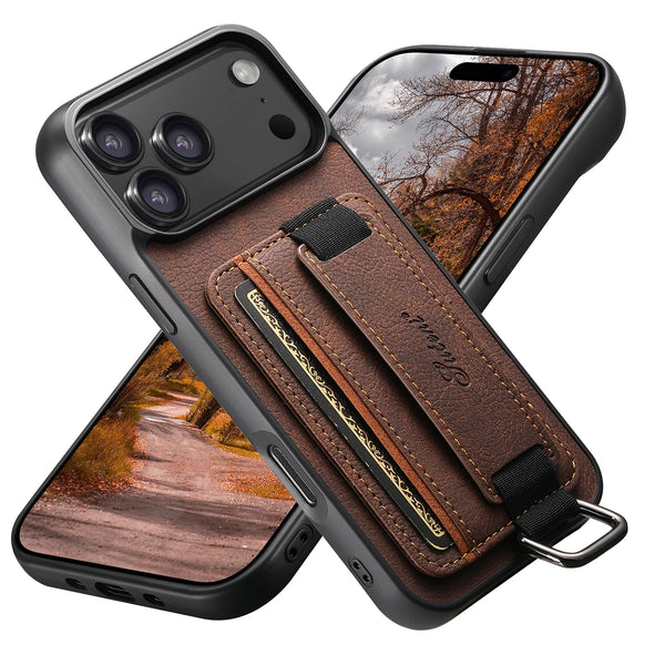 SUTENI For iPhone 17 Pro Max 16 Plus 15 14 13 12 Faux Leather Phone Case Wrist Strap Ring Buckle Card Holder Bag Stand