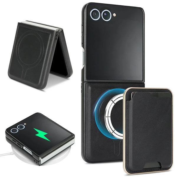 2 in 1 Magnetic Leather Case for Samsung Galaxy Z Flip 7 6 5 4 3 Flip7 Flip6 Wireless Charging Cards Holder Slots Phone Cover