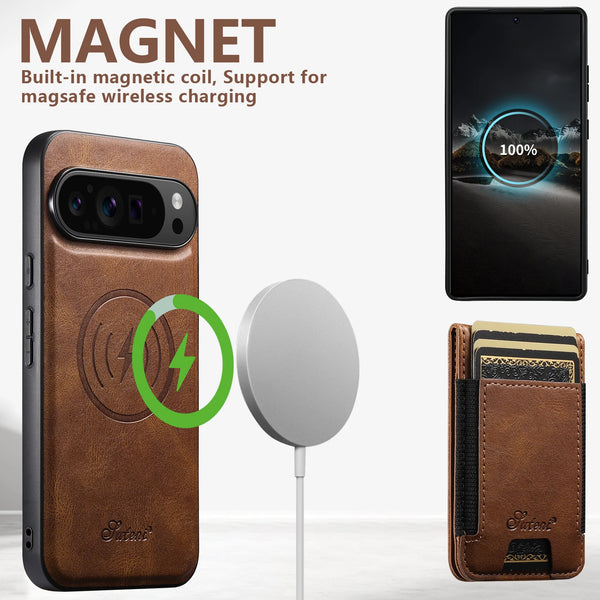 SUTENI Faux Leather Phone Case Wireless Charging Magnet Card Holder Stand For Google Pixel 10 Pro XL 9 8A 7 6