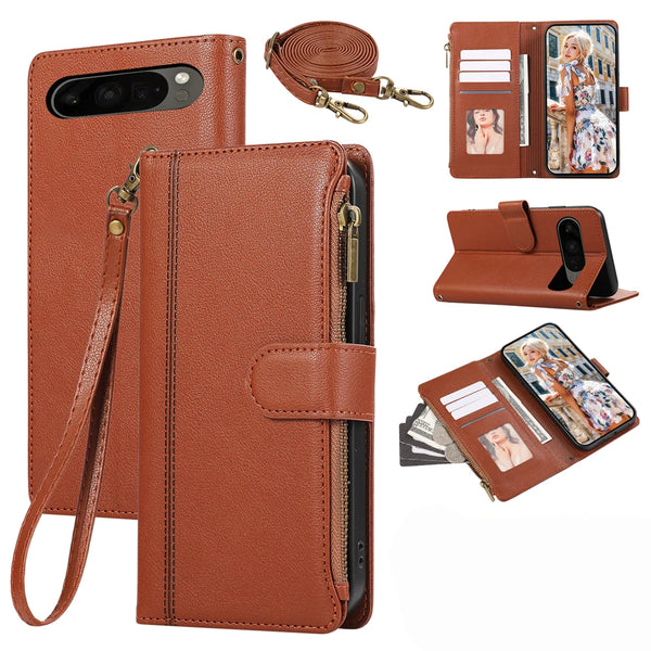 Crossbody Leather Wallet Case  for Google Pixel 10 9 Pro XL 8 7 9A 8A 7A Card Slots Holder Kickstand Lanyard Zipper Phone Case
