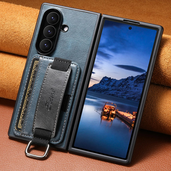 SUTENI Phone Case Wrist Strap Ring Buckle Faux Leather Card Holder Stand For Samsung Galaxy Z Fold 7 6 5