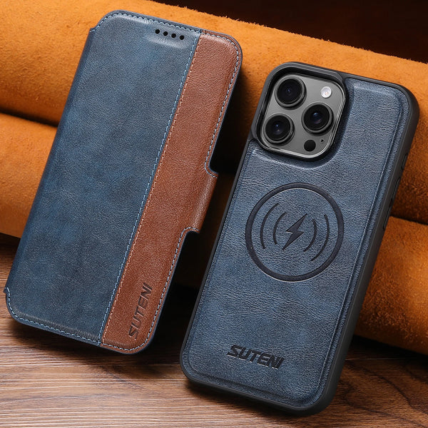 SUTENI Faux Leather Wireless Charging Card Holder Stand Wallet Magnetic Flip Cover Phone Case For iPhone 16 Pro Max 15 Plus 14