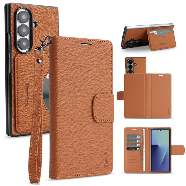 2 in 1 Leather Wallet Case for Samsung Galaxy Z Fold 7 6 5 4 3 Fold7 Fold6 Fold5 Cash Card Slots Phone Cover WIth Hand Strap