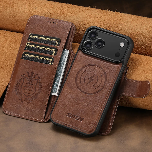 SUTENI Faux Leather Wireless Charging Card Holder Stand Wallet Magnetic Flip Cover Phone Case For iPhone 17 Pro Max 16 Plus 15