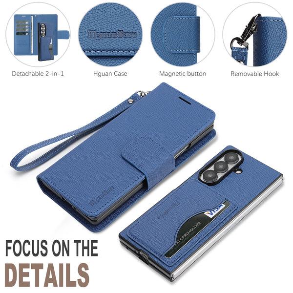 2 in 1 Leather Wallet Case for Samsung Galaxy Z Fold 7 6 5 4 3 Fold7 Fold6 Fold5 Cash Card Slots Phone Cover WIth Hand Strap