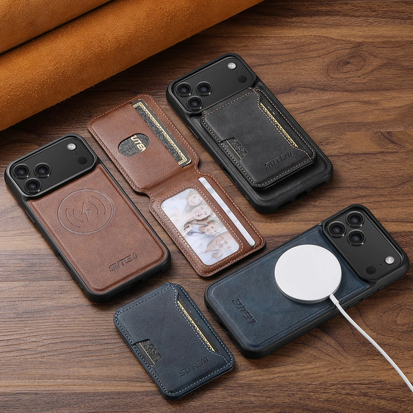 SUTENI 2in1 Magnet Wireless Charging Faux Leather Phone Case Card Holder Bag Stand For iPhone 17 Pro Max 16 Plus 15 14 13 12