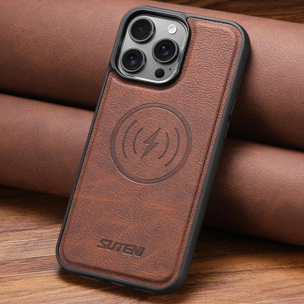 SUTENI Frosted Feel Faux Leather Magnet Wireless Charging Lychee Texture Phone Case For iPhone 17 Pro Max 16 Plus 15 14 13