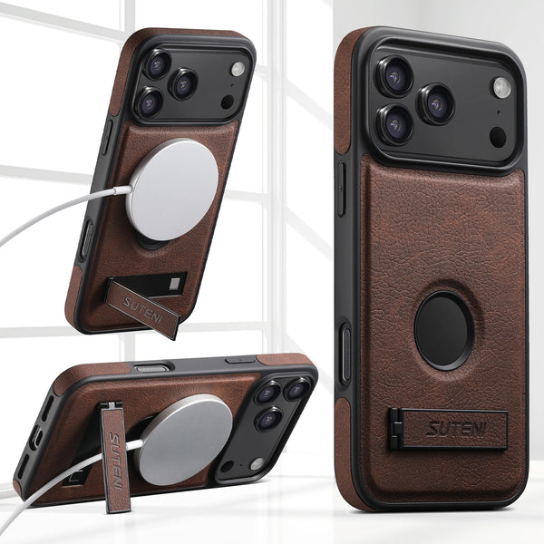 SUTENI Luxury Faux Leather Phone Case Frosted Feel Stand Magnet Wireless Charging For iPhone 17 Pro Max 16 Plus 15 14 13 12