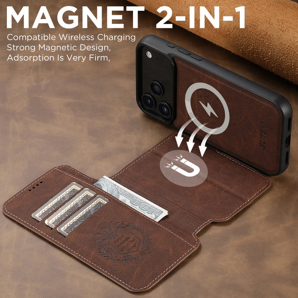 SUTENI Wireless Charging Card HolderStand Faux Leather Wallet Magnetic Flip Cover Phone Case For iPhone 17 Pro Max 16 Plus 15 14