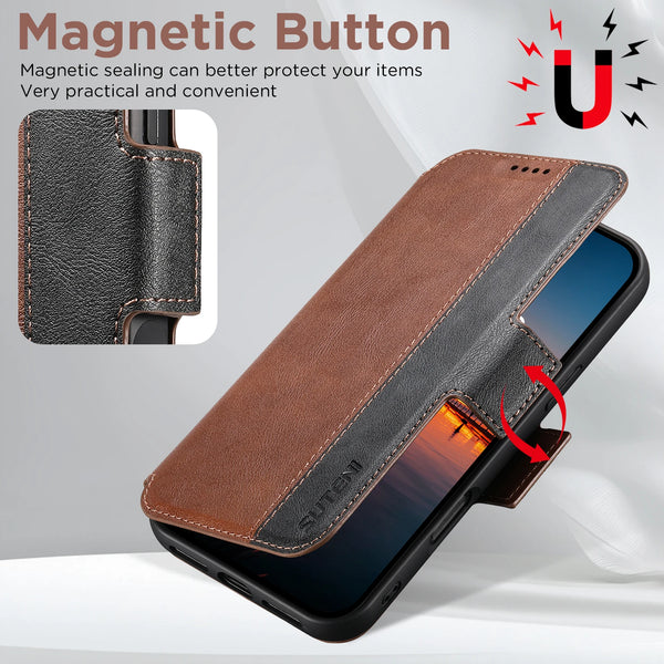 SUTENI Magnetic Flip Cover Phone Case Wireless Charging Card Holder Stand Wallet Faux Leather For iPhone 17 Pro Max 16 Plus 15