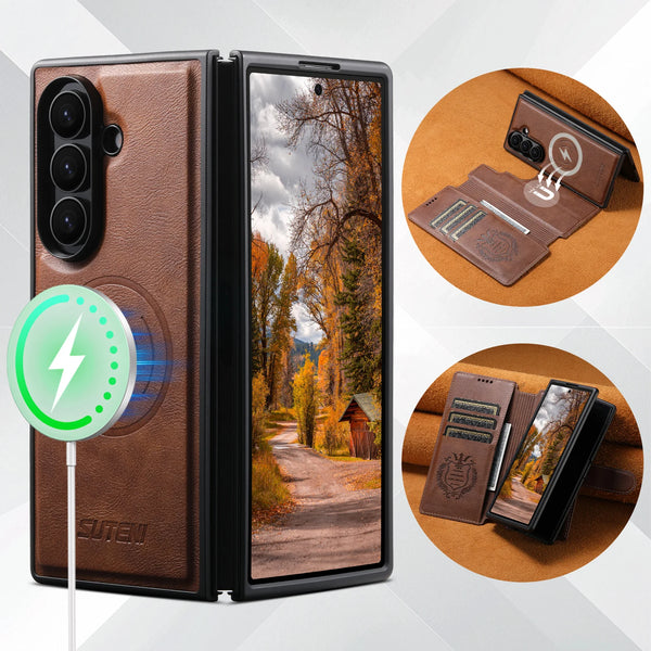 SUTENI Faux Leather Wireless Charging Card Holder Stand Wallet Magnetic Flip Cover Phone Case For Samsung Galaxy Z Fold 7 6