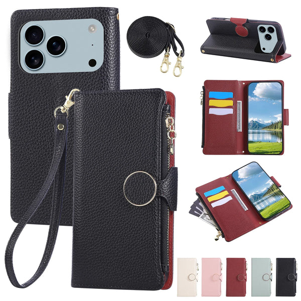 Lanyard Zipper Leather Wallet Case for Iphone 17 Promax Air 16 Pro Max 15 Plus 14 13 12 Kickstand Card Slots Holder Phone Cover