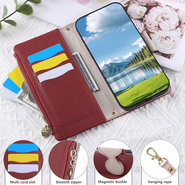 Lanyard Zipper Leather Wallet Case for Google Pixel 10 7 8 9 7A 8A 9A 10Pro 9Pro XL 8Pro 7Pro Pro Cards Cash Pocket Phone Cover
