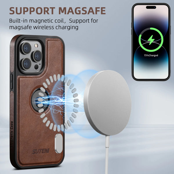 SUTENI Wireless Charging Luxury Faux Leather Magnet Phone Case For iPhone 17 Pro Max 16 Plus 15 14 13 12