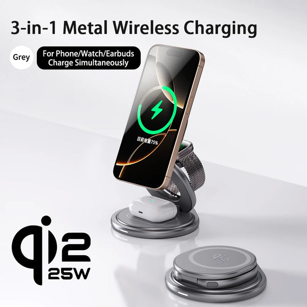 Qi2.2 3-in-1 Metal Magnetic Wireless Charger 25W Fast Charging Station 360° Rotation Foldable for iPhone 17 16 15 Watch Airpods