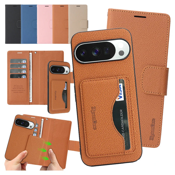 2 in 1 Leather Wallet Case for Google Pixel 10 10Pro 10A 9 9Pro 9A Pro XL ProXL Cash Card Slots Phone Cover WIth Hand Strap