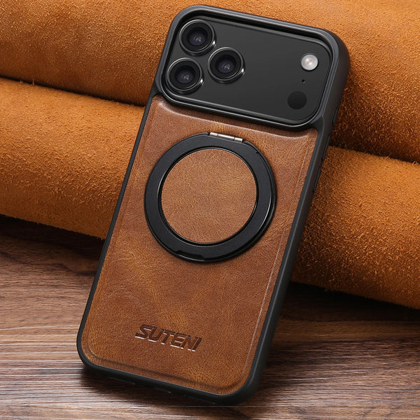 Oil Wax Faux Leather Magnet Wireless Charging Phone Case 360° Rotating Stand Buckle For iPhone 17 Pro Max 16 Plus 15 14 13 12