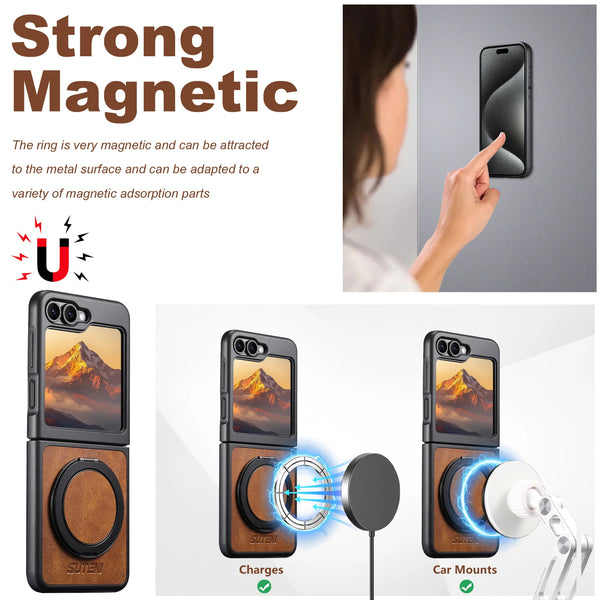 SUTENI Magnet Wireless Charging Phone Case Oil Wax Faux Leather 360° Rotating Stand Buckle For Samsung Galaxy Z Flip 7 6 5