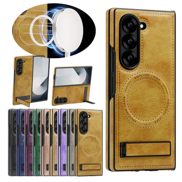 Leather Case For Samsung Galaxy Z Fold 6 5 4 3 Magnetic Fold6 Fold5 Fold4 Fold3 Wrieless Charger Phone Cover WIth Kickstand