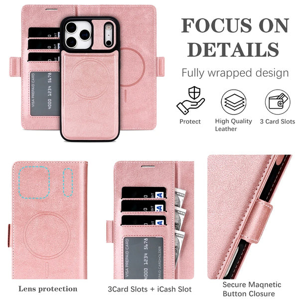 2 in 1 Leather Wallet Case For iPhone 17 Promax Air 16 Pro Max Plus iphone17 17pro PM Wireless Charging Card Slots Phone Cover