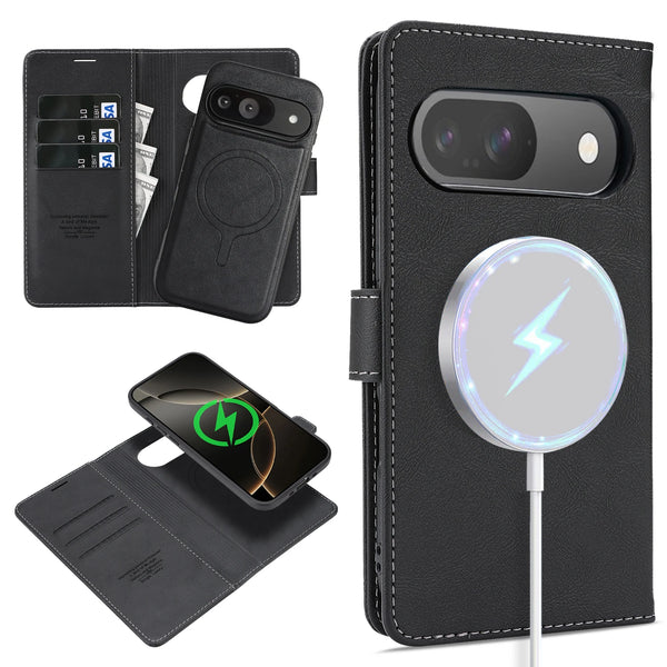 2 in 1 Leather Flip Case for Google Pixel 9 10 Pro XL 9A10A 9Pro 10Pro XL Cards Slot Wallet Wireless Charging Phone Cover