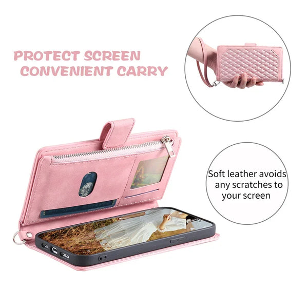 Long Lanyard Zipper Wallet Cards Phone Case for Samsung Galaxy Note 20 Ultra S26 Plus S25 FE S24 S23 S22 S21 Flip Leather Cover