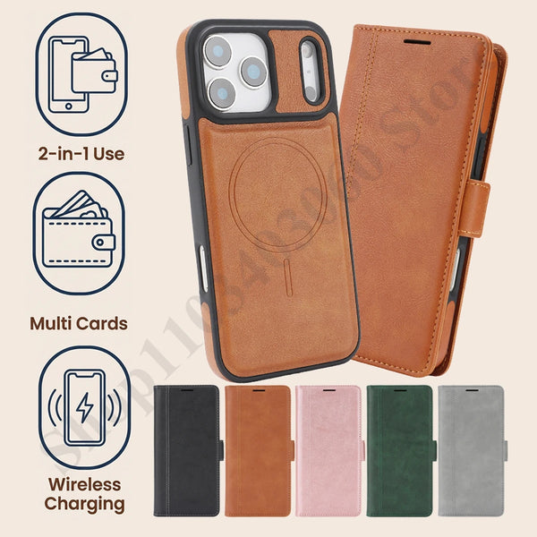 2 in 1 Leather Wallet  Flip Case for IPhone 17 Air Promax 16 Pro Max 15 Plus 14 Pm 13 12 Magsafe Card Slots Holder Phone Cover