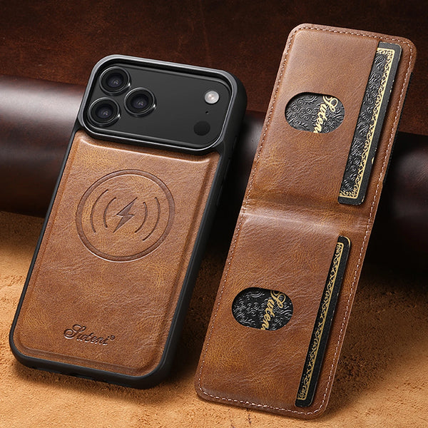 SUTENI Faux Leather Phone Case Wireless Charging Magnet Card Holder Stand For iPhone 17 Pro Max 16 Plus 15 14 13 1215 14 13 12