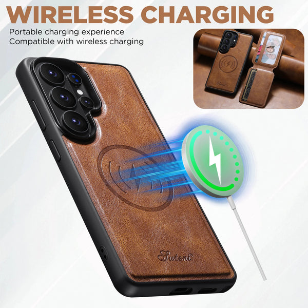 SUTENI Wireless Charging Faux Leather Magnet Card Holder Stand Picture frame Phone Case For Samsung Galaxy S26 Ultra S25 Plus