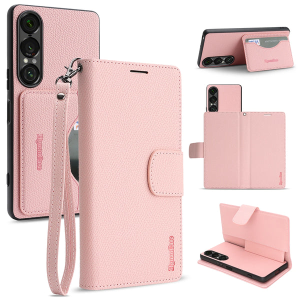 2 in 1 Leather Wallet Case for Sony 10VII 1VII Cash Card Slots Holder Kickstand Phone Cover WIth Hand Strap