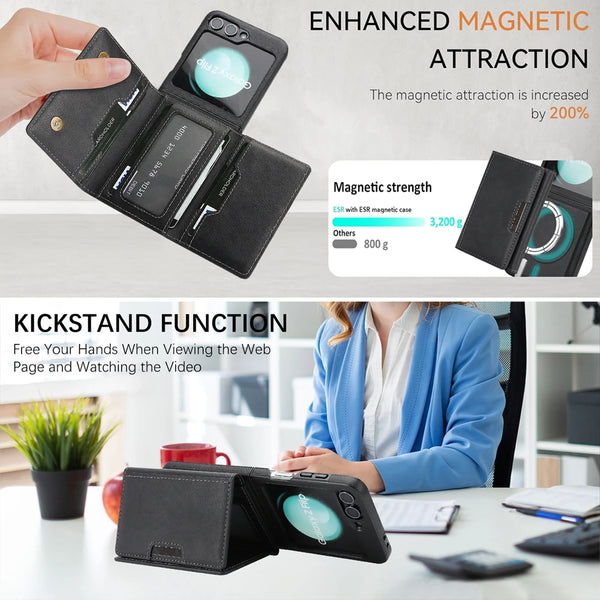 2 in 1 Leather Magnetic Case for Samsung Galaxy Z Flip 7 6 5 4 3 Kickstand 7 Cards Slots Holder Wireless Charging Phone Cover