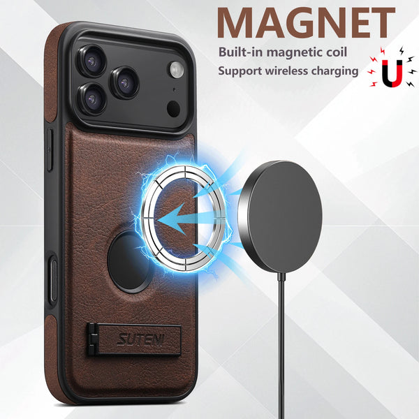 SUTENI Luxury Faux Leather Phone Case Frosted Feel Stand Magnet Wireless Charging For iPhone 17 Pro Max 16 Plus 15 14 13 12