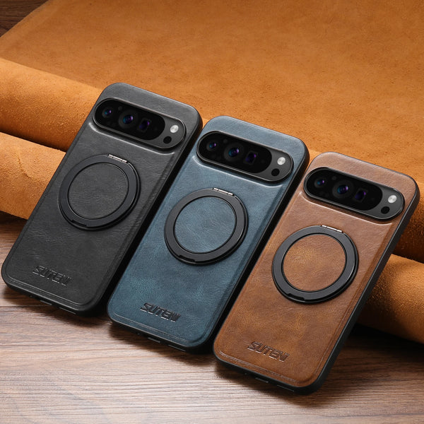 SUTENI PU Leather Oil Wax Compatible Wireless Charging Phone Case 360° Rotating Stand Buckle For Google Pixel 9XL 8Pro 7A 6