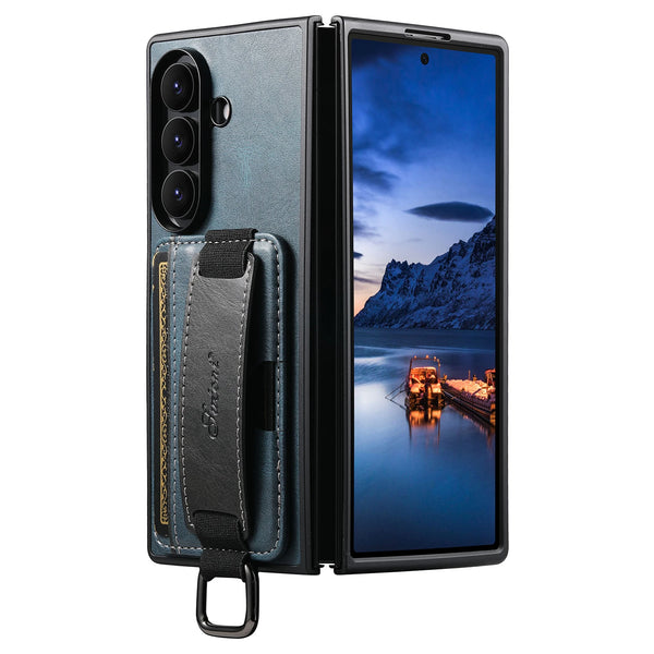 SUTENI Phone Case Wrist Strap Ring Buckle Faux Leather Card Holder Stand For Samsung Galaxy Z Fold 7 6 5