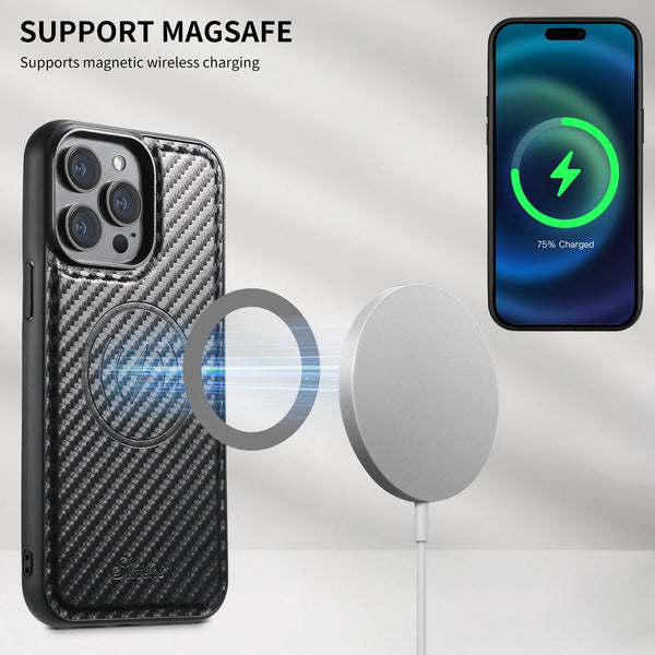 Carbon Fiber Leather 2-in-1 Magnetic Phone Case Card Holder Wallet MagSafe Wireless charging for iPhone 16 Pro Max 15 Plus 13 14