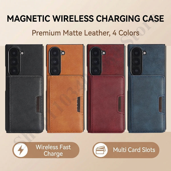2 in 1 Leather Case for Samsung Galaxy Z Fold 7 6 5 4 3 Fold7 Fold6 Fold5 Fold4 Fold3 Card Slots Wireless Charger Phone Cover