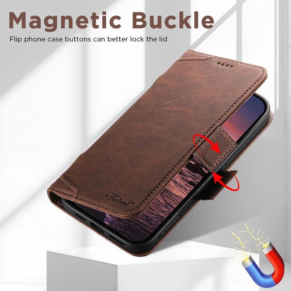 Wireless Charging Faux Leather Card Holder Stand Wallet Magnetic Button Flip Cover Phone Case For iPhone 17 Pro Max 16 15 14 13