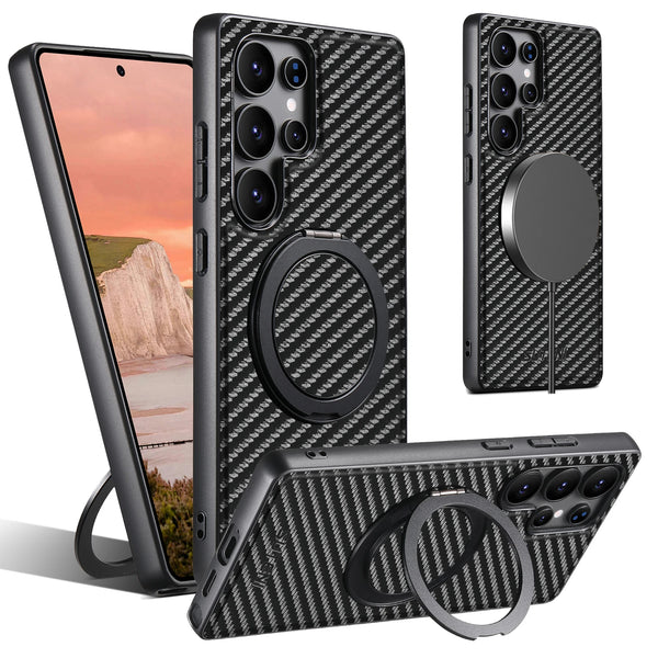 SUTENI Carbon Fiber Phone Case Wireless Charging 360° Rotating Stand PU Leather Ring Buckle For Samsung S26Ultra S25 S24 S23 S22