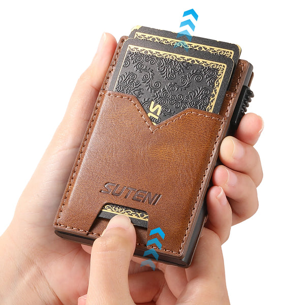 SUTENI Card Slot Wallet  Faux Leather Card Box Pressing The Button Automatically Ejects The Card