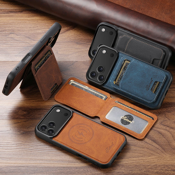 SUTENI Wireless Charging Phone Case Magnet Card Holder Stand Faux Leather For iPhone 17 Pro Max Air 16 Plus 15 14 13 12