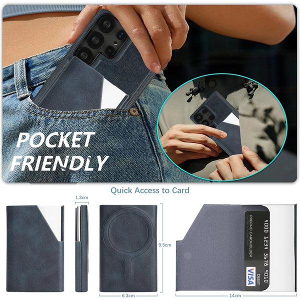 Magnetic Leather Case for Samsung Galaxy S25 Ultra Edge S24 Plug 23 + S25Ultra S25U S24U 5G Mirror Card Holder Phone Cover