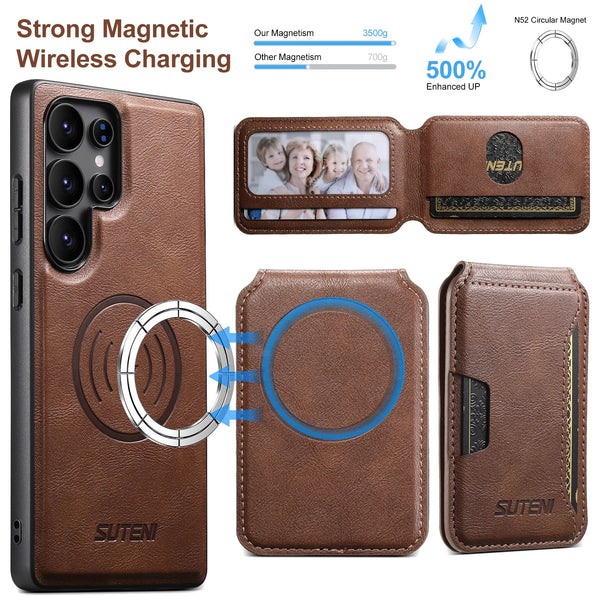 SUTENI Magnet Wireless Charging Luxury Faux Leather Phone Case Card Holder Stand For Samsung Galaxy S26 Ultra S25 S24 S23 S22