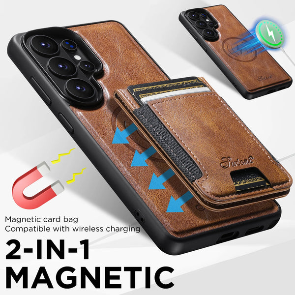 SUTENI Faux Leather Phone Case Wireless Charging Magnet Card Holder Stand For Samsung Galaxy S26 Ultra S25 Plus S24 S23+