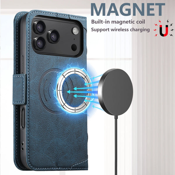 SUTENI Wireless Charging Faux Leather Card Holder Stand Wallet Magnetic Button Flip Cover Phone Case For iPhone 17 Pro Max 16 15