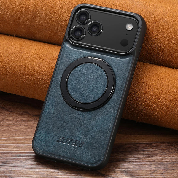 Oil Wax Faux Leather Magnet Wireless Charging Phone Case 360° Rotating Stand Buckle For iPhone 17 Pro Max 16 Plus 15 14 13 12