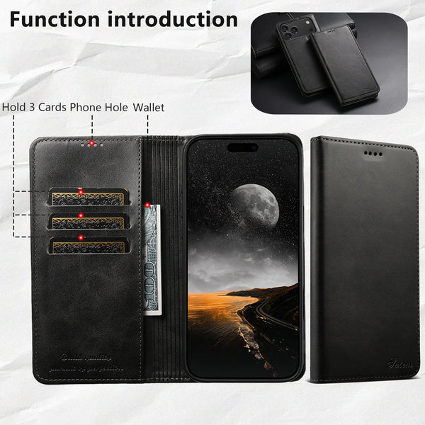 SUTENI brand Calfskin Magnetic Flip Leather Case for iPhone 17 Pro Max 13 14 Pro 15 Plus 16E 17 Air Book Folio Slim Wallet Case